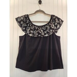 Calligraphie Black Floral Embroidered Ruffle Neck Top XL Boho Sleeveless Blouse